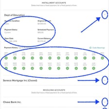 A credit report displaying an outstanding debt category.