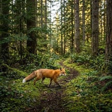 A fox moving quietly through a wooded landscape.