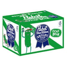 A PBR pickle-flavored beer can associated with Grillo’s Pickles.