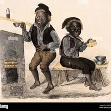 A chimney sweep with soot on their face and clothing.