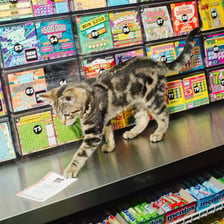 A cat sitting inside a neighborhood bodega