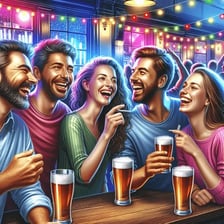 Friends enjoying drinks during a pub crawl.