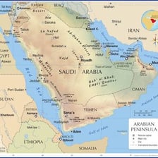 A map showing Oman next to Yemen on the Arabian Peninsula.