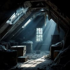 A dim attic with rafters and old stored objects