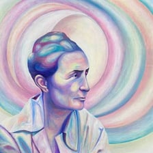 A portrait of artist Georgia O’Keeffe beside one of her paintings.