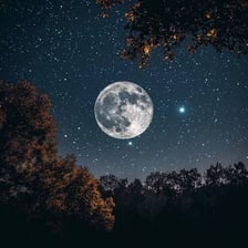 A full moon shining in a starry night sky.