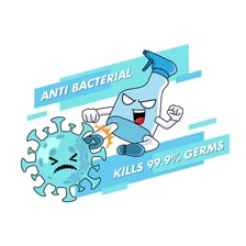 Disinfectant spray aimed at a germ-themed illustration.