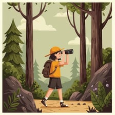 An illustration of young hikers looking unsure in a forest.