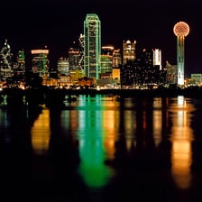 The Dallas, Texas, skyline with its distinctive downtown buildings.