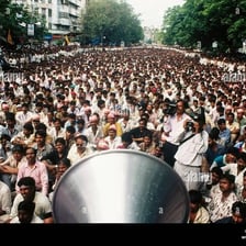 A lively crowd creating a visible commotion.