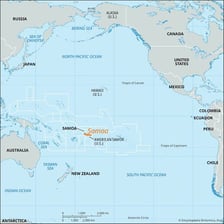 A map showing Samoa in the South Pacific.