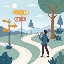 A person turning at a crossroads toward a sign marked right