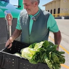 A person standing guard over fresh vegetables.