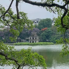 Turtle Tower standing on an islet in Hoan Kiem Lake, Hanoi.