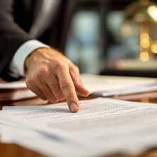 A person indicating a detail in a document.