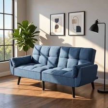 A futon arranged as a bed in a guest room.