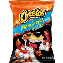 A bright orange Flamin’ Hot Cheetos puff
