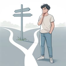 A person choosing a straight road at a crossroads