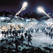 A futuristic military scene depicting the interstellar war of Starship Troopers.