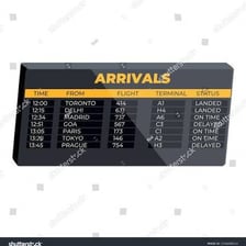 An airport information board showing arrival times.