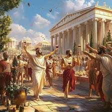 People celebrating at a Greek gathering