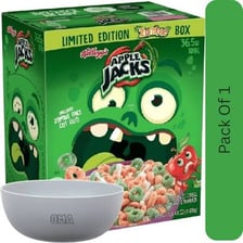 A bowl of Apple Jacks cereal beside its colorful box