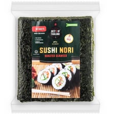 A dark sheet of nori seaweed wrapped around sushi.