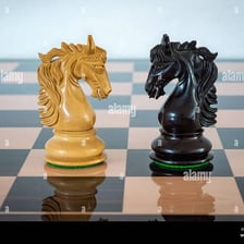 Two opponents facing each other across a chessboard.