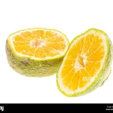 A wrinkled ugli citrus fruit shown whole and in halves