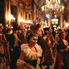 Guests in formal clothing and masks at a masquerade ball.