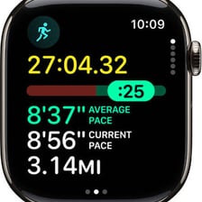 A fitness app display featuring a runner’s pace.