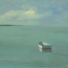 A small boat floating without a visible destination on open water