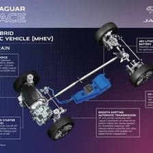 A Jaguar automobile driving along a road.