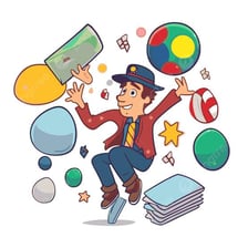 A person deftly juggling several objects.