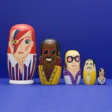 A conceptual set of nesting dolls decorated with progressive-rock imagery
