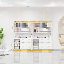 Hair-styling gel containers displayed in a salon