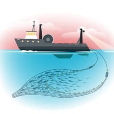 A commercial fishing boat dragging a large net through the sea.