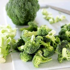A broccoli head showing its central stem and florets.