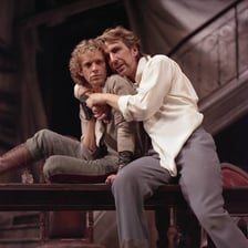 An actor performing a dramatic stage role.