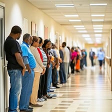 A person waiting calmly in a long line
