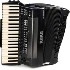 A piano accordion with a keyboard and bellows.
