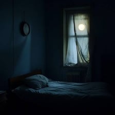 A bed in a quiet bedroom prepared for sleep.