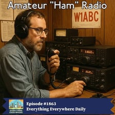 An amateur radio operator using a transceiver with radio-wave imagery.