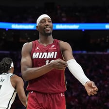 Bam Adebayo playing basketball for the Miami Heat.