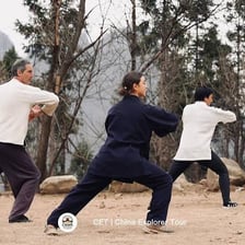 A person performing a tai chi movement outdoors.