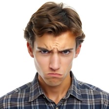 A person with an angry, frustrated expression