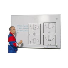 A coach reviewing a strategy diagram with a team in a locker room.