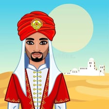 An illustration depicting an Arabian emir in traditional dress