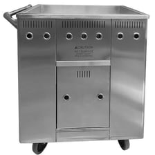 A restaurant cart displaying steaming dim sum dishes