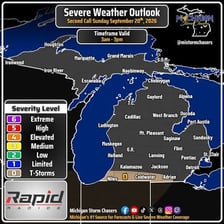 A weather map marking a thunderstorm area.